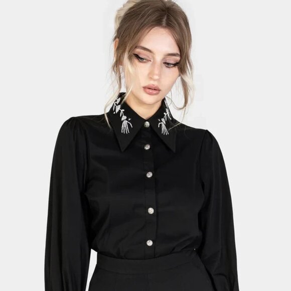 Disturbia Tops - NEW Disturbia Womens Tempora Embroidered Button Up, US 6 - Black Gothic Vibe NWT
